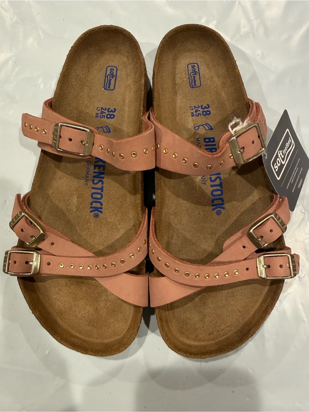 Birkenstock franca Pink Triple-Buckle Studded Sandals new leather soft footbed
